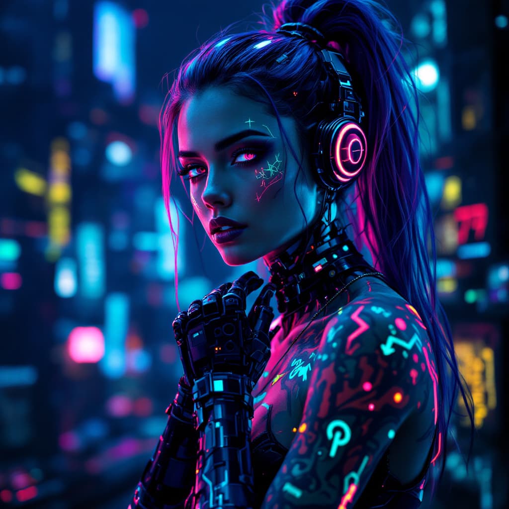 AI generated: a cyberpunk girl with neon tattoos and robotic arms