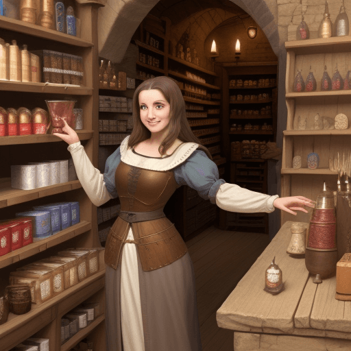 AI generated: friendly alchimist in her 20s in a medieval shop