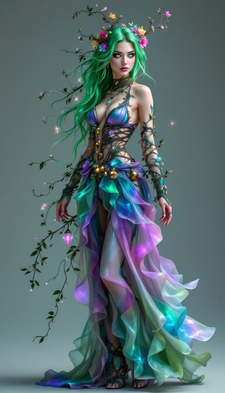 AI generated: An ultra-realistic, full-body portrait of a captivating fae trickster woman, her pose both mischievo...