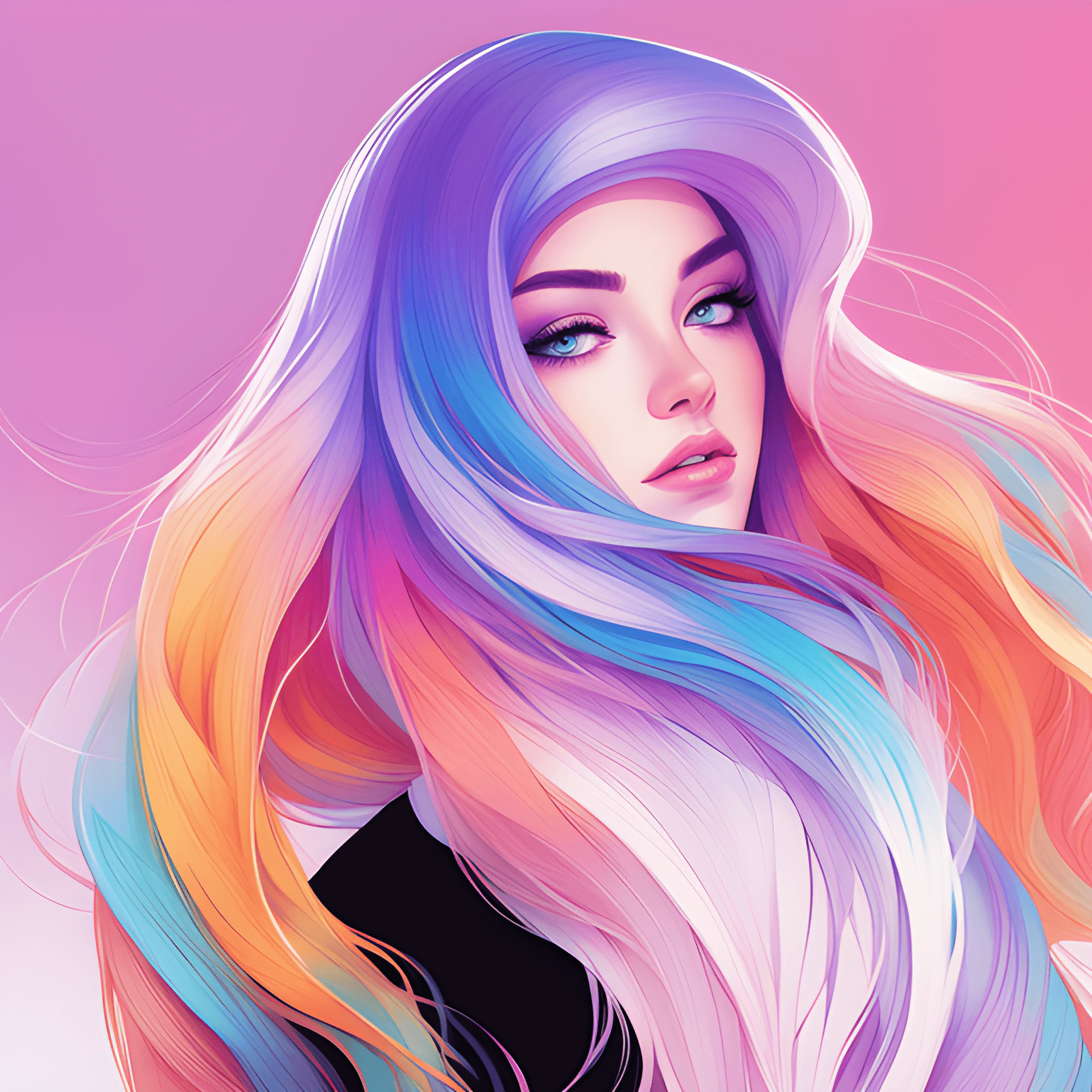 AI generated: a close up of a woman with long colorful hair, rossdraws pastel vibrant, rossdraws cartoon vibrant, ...