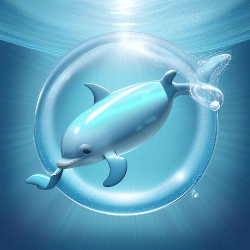 AI generated: Light blue playful dolphin playing a bubble, with shiny scales and a curved tail, by Ocean Animation...