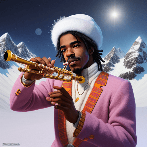 AI generated: Hyper realistic image of andre 3000 on a snowcapped mountain playing the flute digital art realistic...