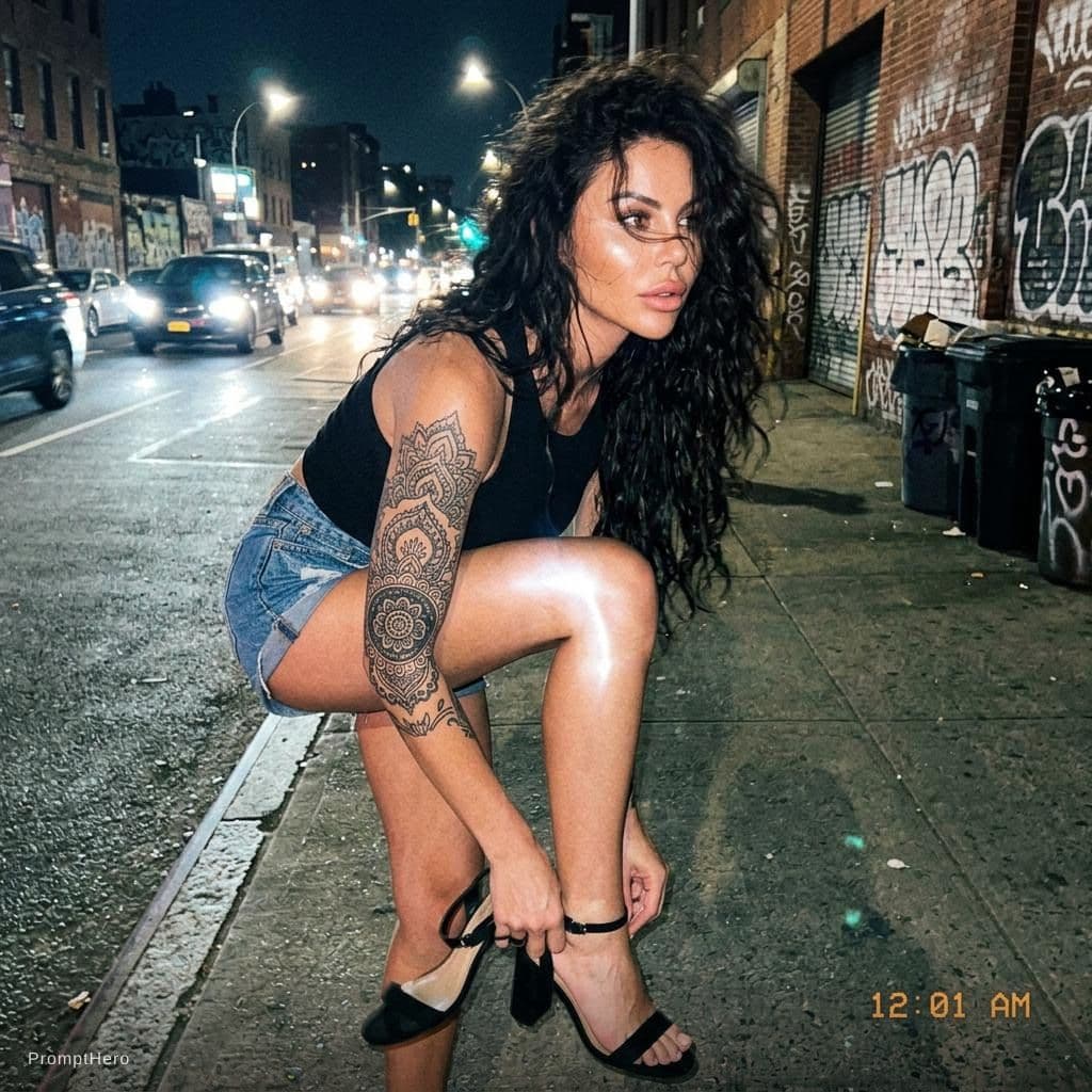 AI generated: (SORA)
messy tumblr snaphot woman walking down the road night, fixing her sandals, bad quality, poor...