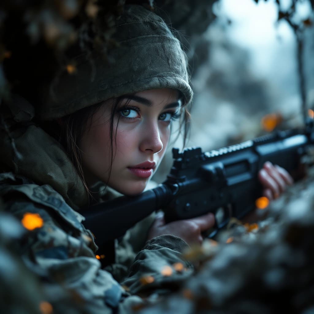 AI generated: a pretty young female soldier ,in a foxhole, gripping the rifle tightly, with a photorealistic style...
