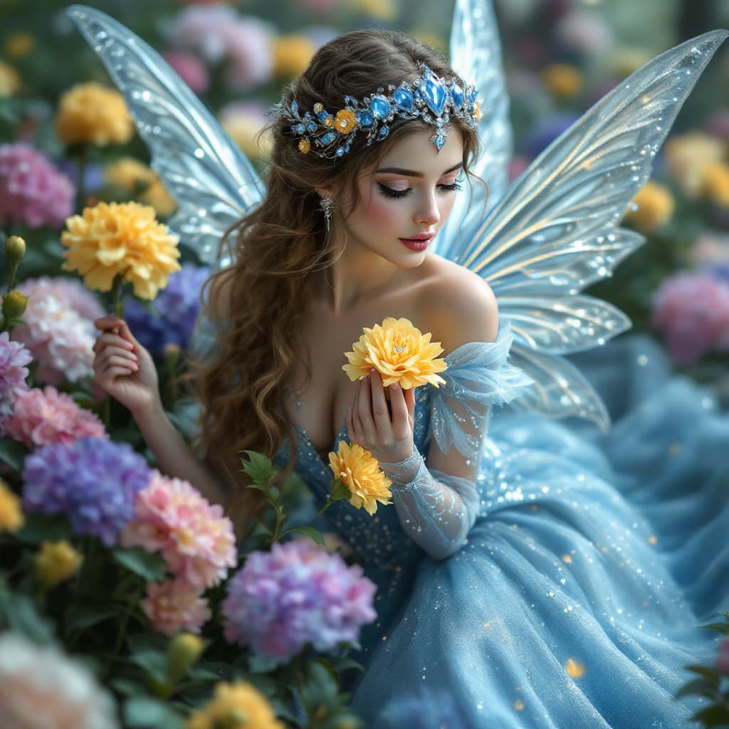 AI generated: An amazing whimsical fairy wearing a long blue shiny dress made of silver. She is wearing a blue dia...