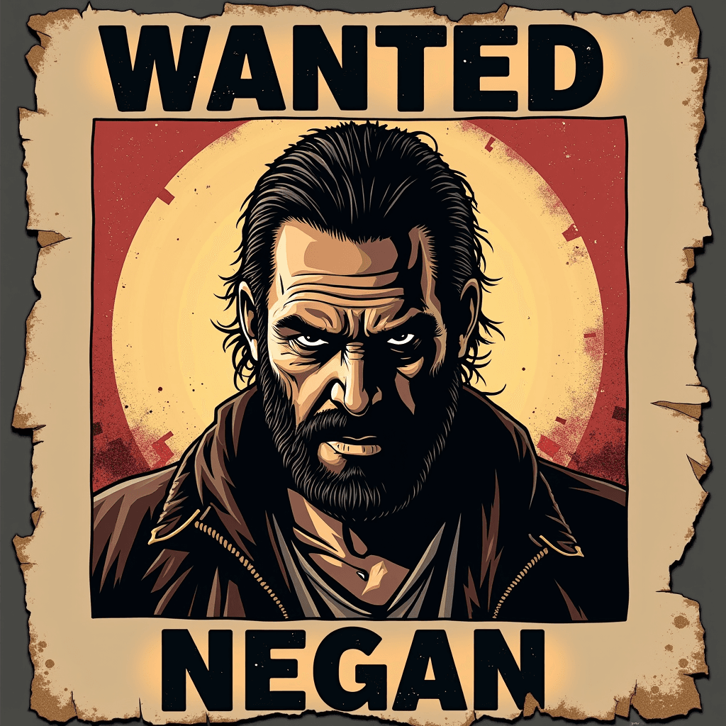 AI generated: Design a "Wanted" poster for Negan from The Walking Dead in a stylized, graphic novel or comic book ...