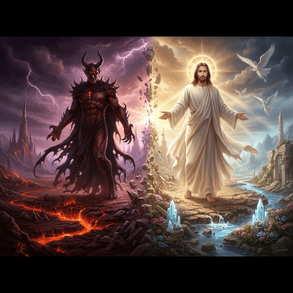 AI generated: A cinematic masterpiece rendered in 8k octane, showcasing a timeless conflict: a divine Jesus to the...