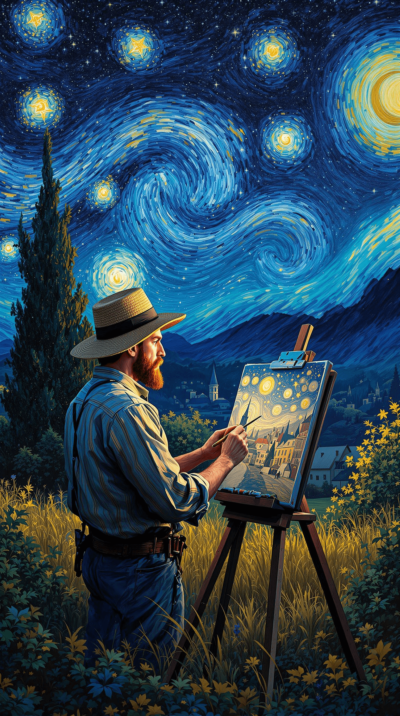 AI generated: a realistic and captivating depiction of Van Gogh in a straw hat, standing in a serene field under a...