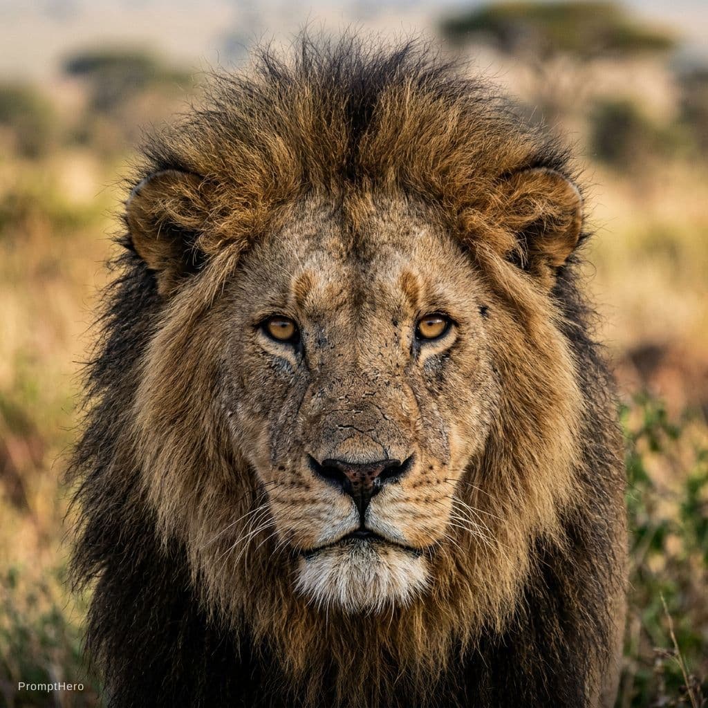 AI generated: A male lion staring straight on at the viewer, intense, highly detailed photograph