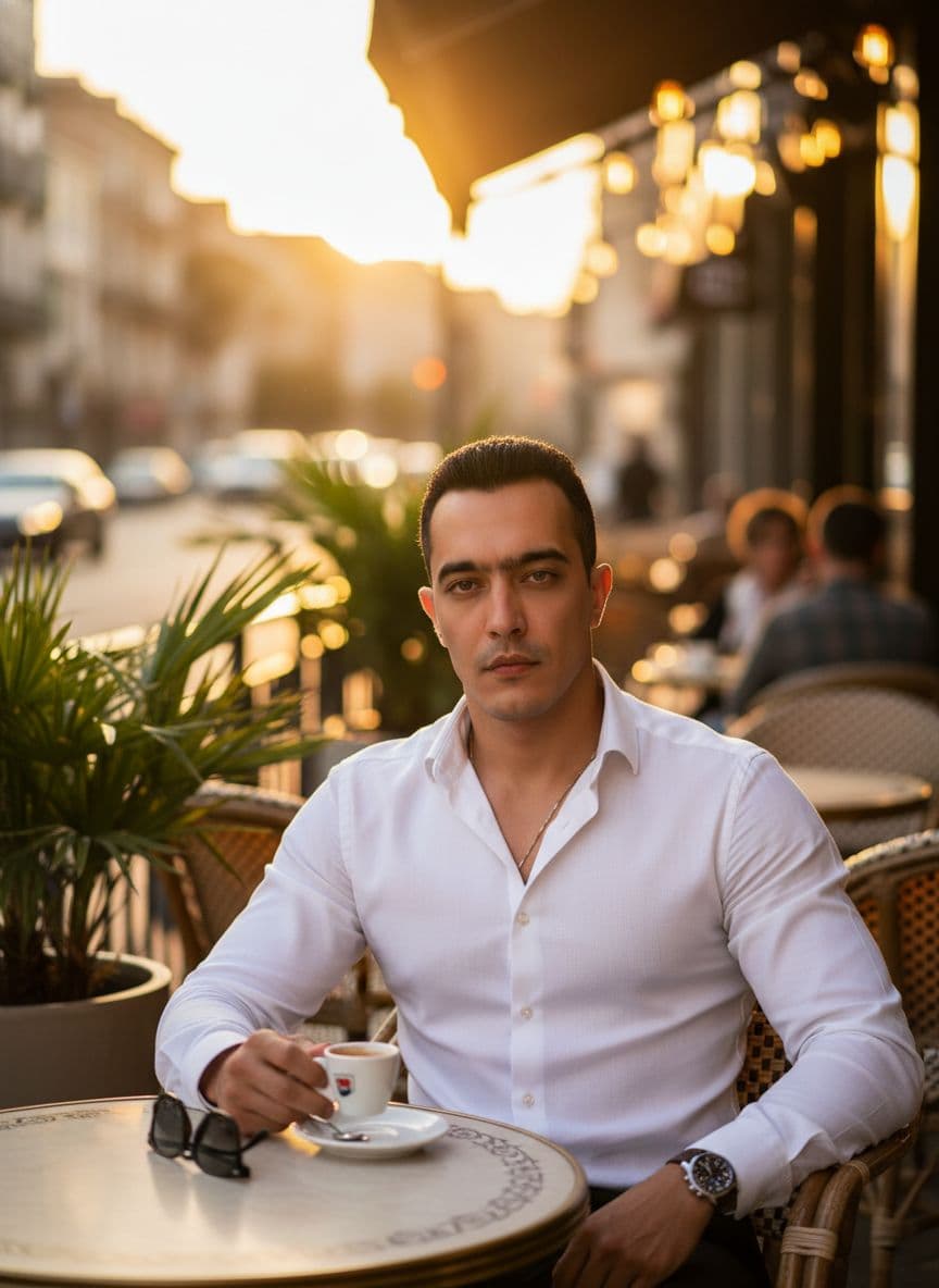 AI generated: Handsome man elegant slim shirt at outdoor stylish cafe 