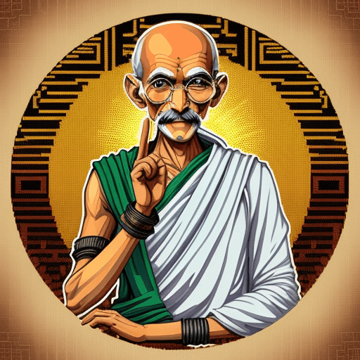 AI generated: Mahatma Gandhi Pixelart cryptopunk style with round glasses no hands and happy smile india folk styl...