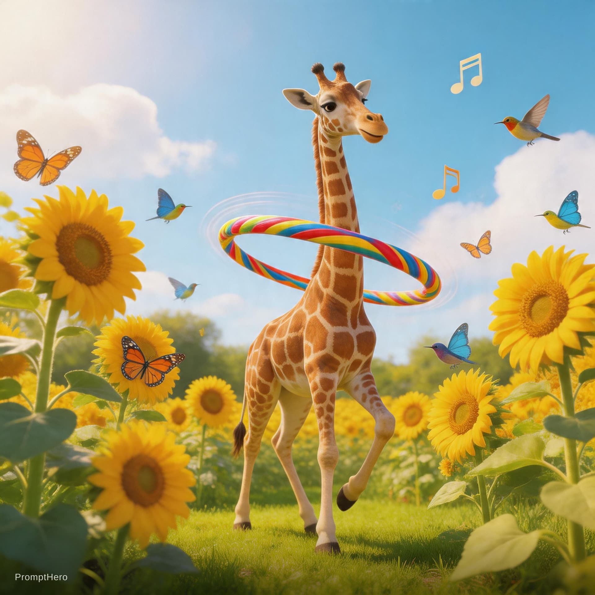 AI generated: no dia ensolarado no lindo jardim com flores de girassol com pássaros e borboletas ao redor voando n...