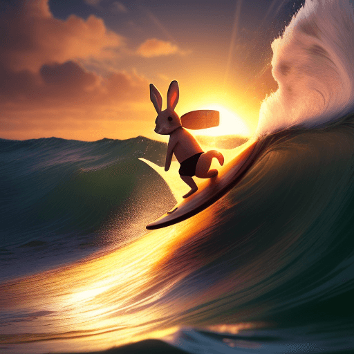 AI generated: photorealistic 32k, baby bunny surfing a wave, cinematic lighting, sunset 