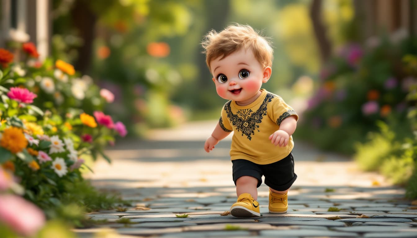 AI generated: A cute chubby toddler characterized by oversized eyes and rosy cheeks, dressed in a stylish yellow t...
