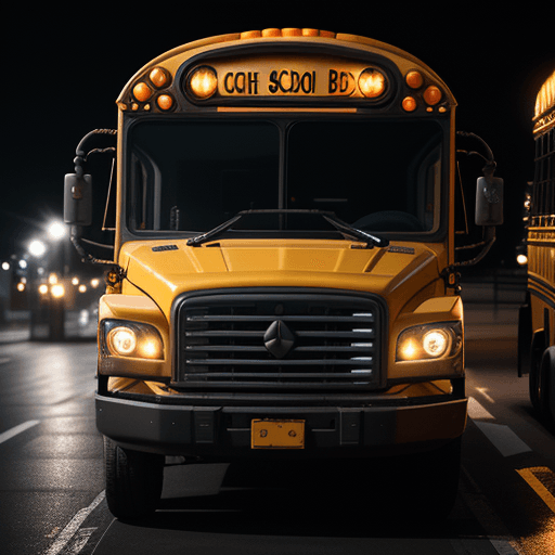 AI generated: school bus with frontal view, by night, captured with a Canon EOS R5, 50mm f/1.2 lens, balanced natu...