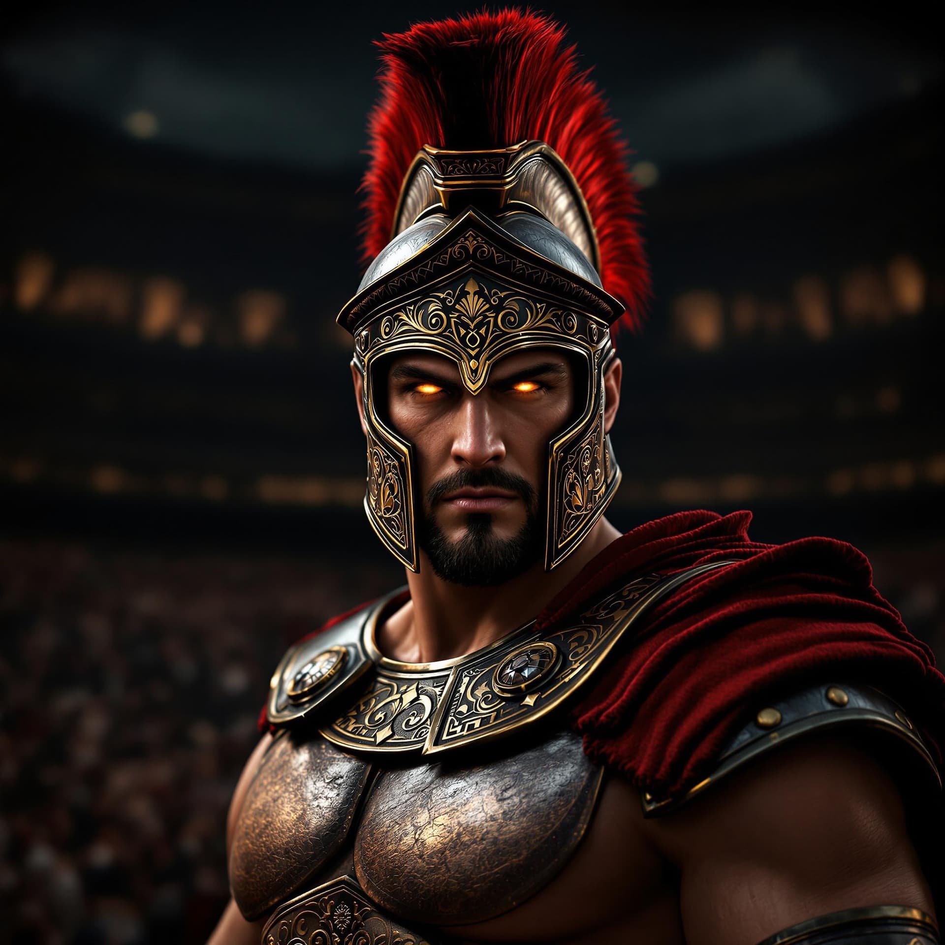 AI generated: A highly detailed hyperealistic picture of a Roman gladiator, captured in a commanding and intense p...