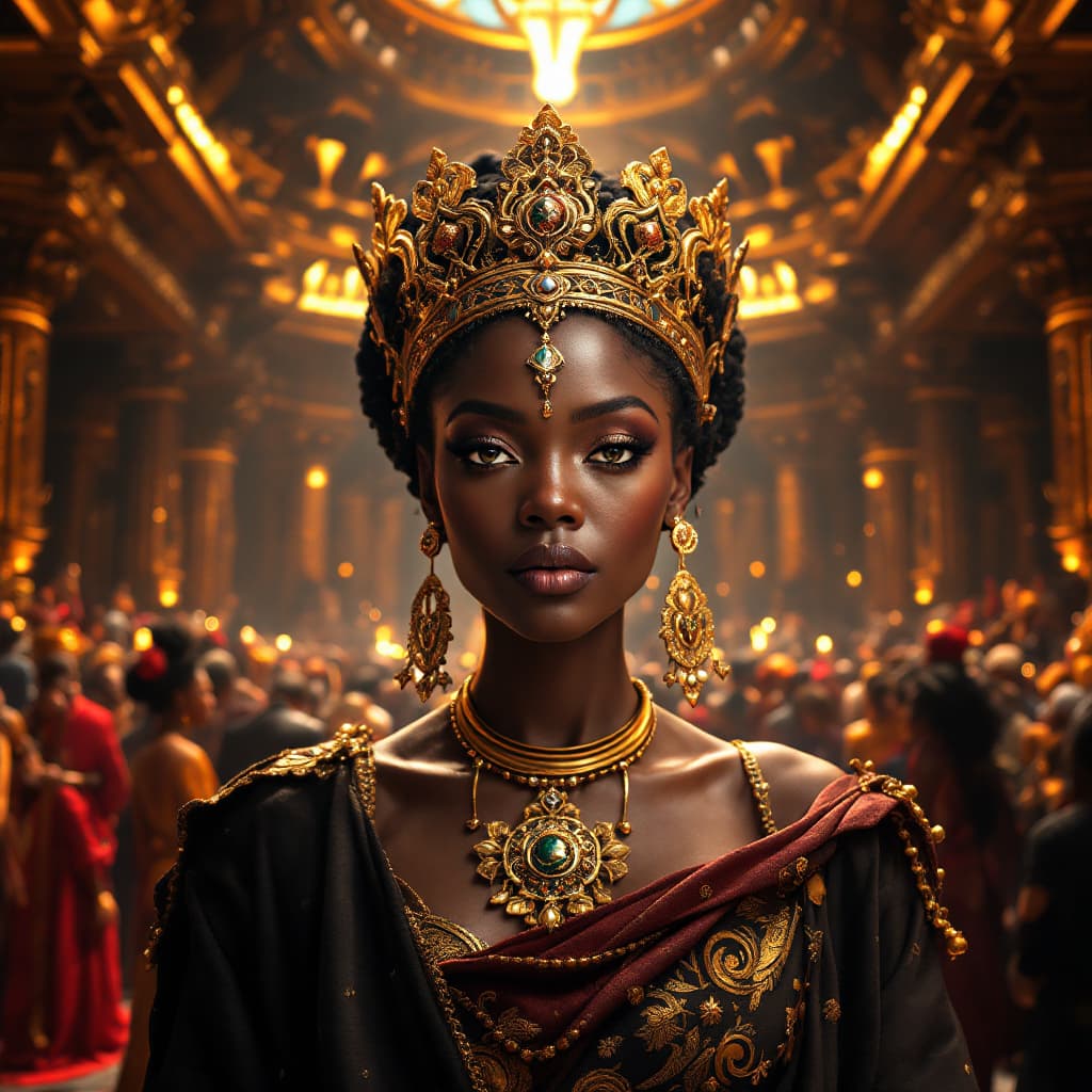 AI generated: An African beautiful Queen , in a well detailed majestic palace, bustling with people and beautiful ...