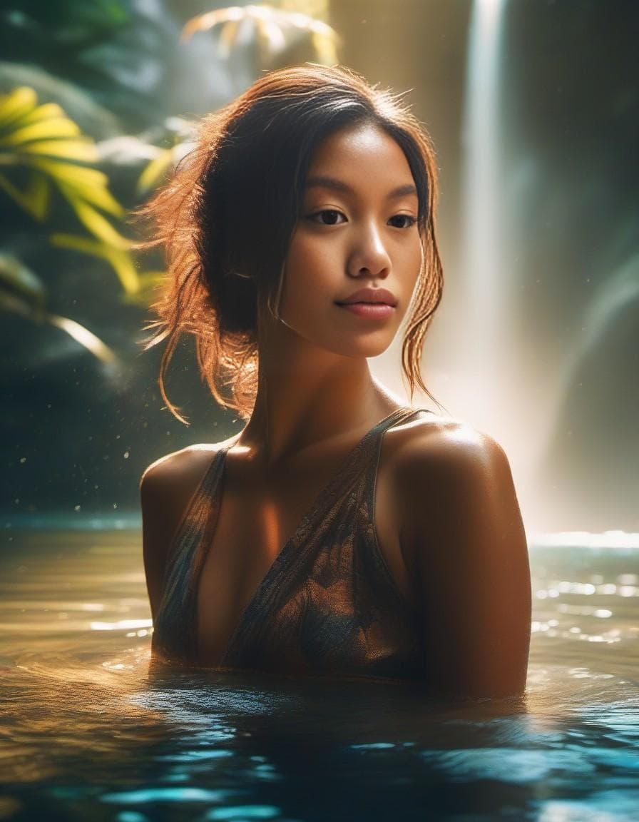 AI generated: visual stunning photo of a woman swimming in a lake by a waterfall in the jungle, mist, volumetric l...