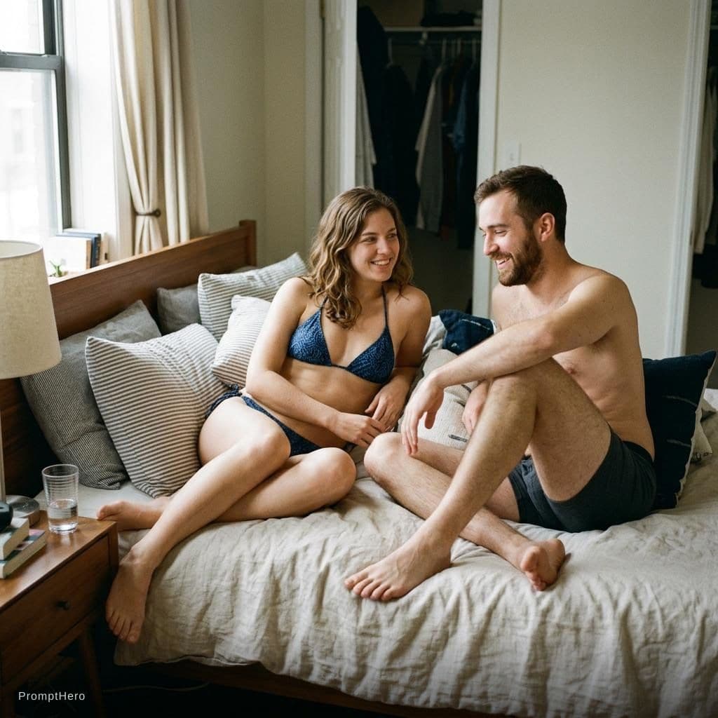 AI generated: Hota ladki with bicni and a man with underwear only seat on bed