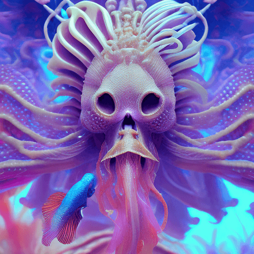 AI generated: Goddess close-up portrait ribcagel. jellyfish phoenix head, nautilus, orchid, skull, betta fish, bio...