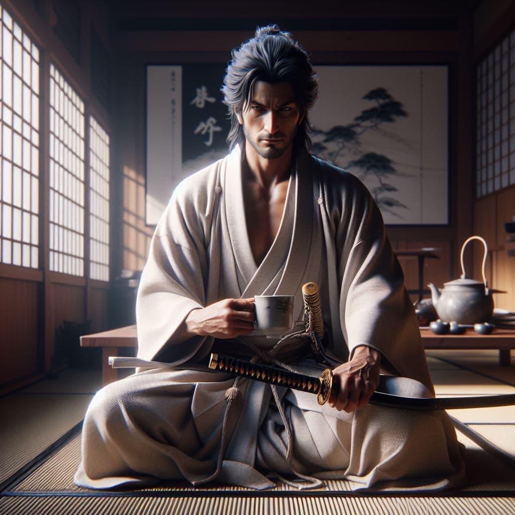 AI generated: Hachiman appears in his Kensei skin, sitting in a traditional Japanese tea house. He holds a cup of ...