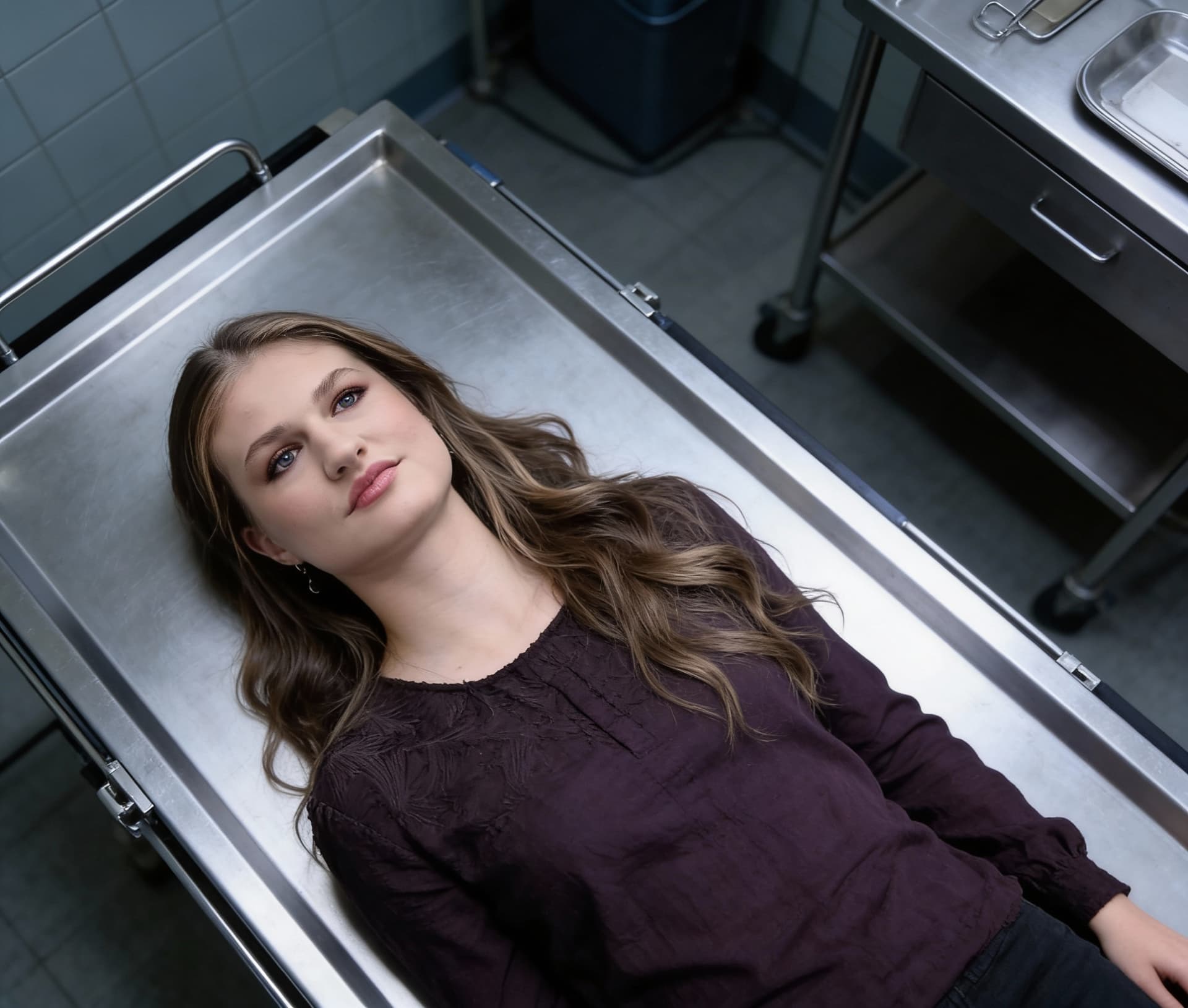 AI generated: A hauntingly realistic depiction of a dead girl lying motionless on a cold morgue table, opened eyes...