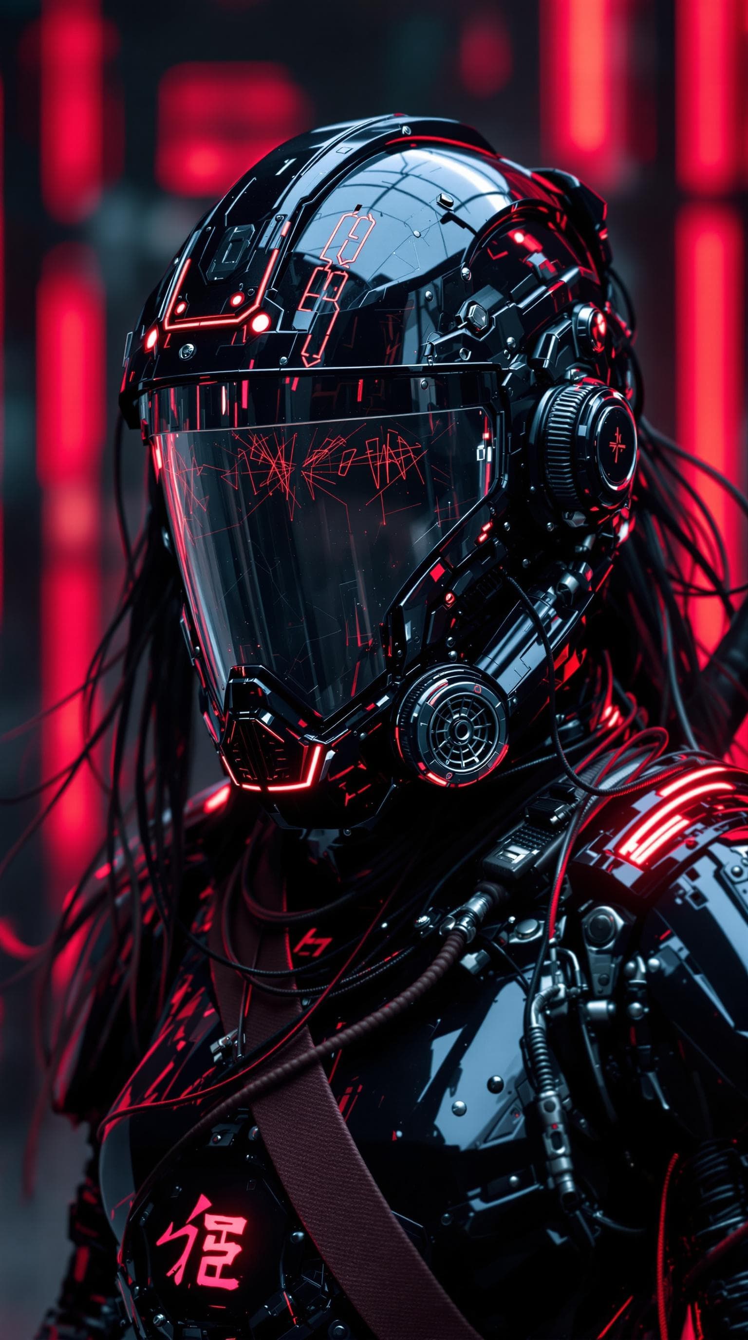 AI generated: in the style of ck-sfc, storm trooper cyberpunk storm trooper samurai, robot face with mirrored tran...