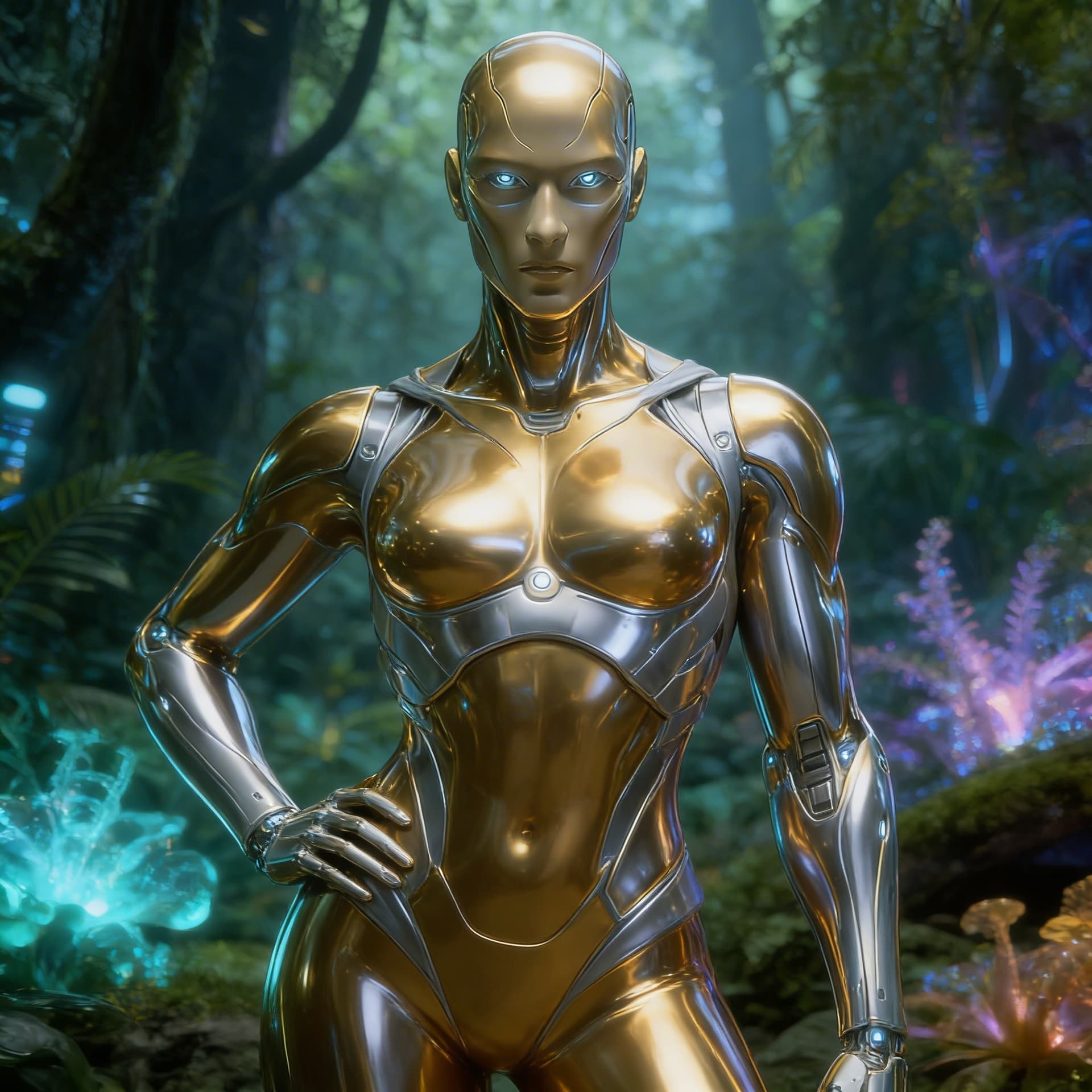AI generated: Create from the reference image, a solid golden-silver being, powerful, loving. From flesh to sleek ...