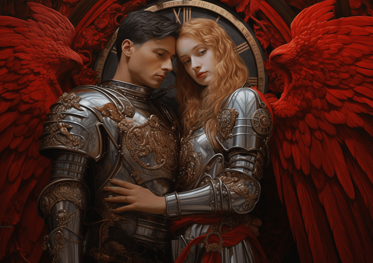 AI generated: two people dressed in heavy armor standing next to a clock, in the style of dreamy portraits, red an...