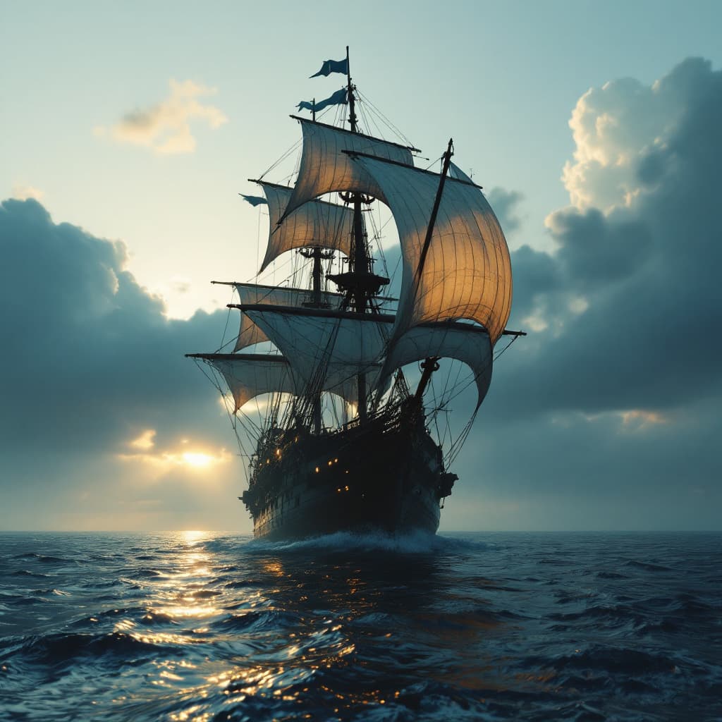 AI generated: Photo of a ultra realistic sailing ship, dramatic light, pale sunrise, cinematic lighting, battered,...