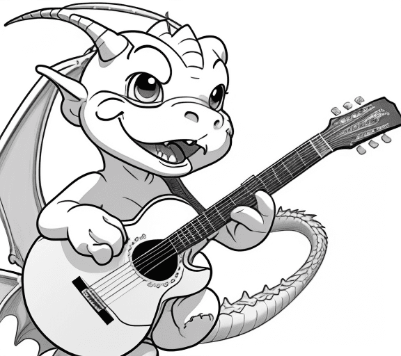 AI generated: cartoon baby dragon playing with a guitar with  only the lines so i can paint it and fit the canvas ...