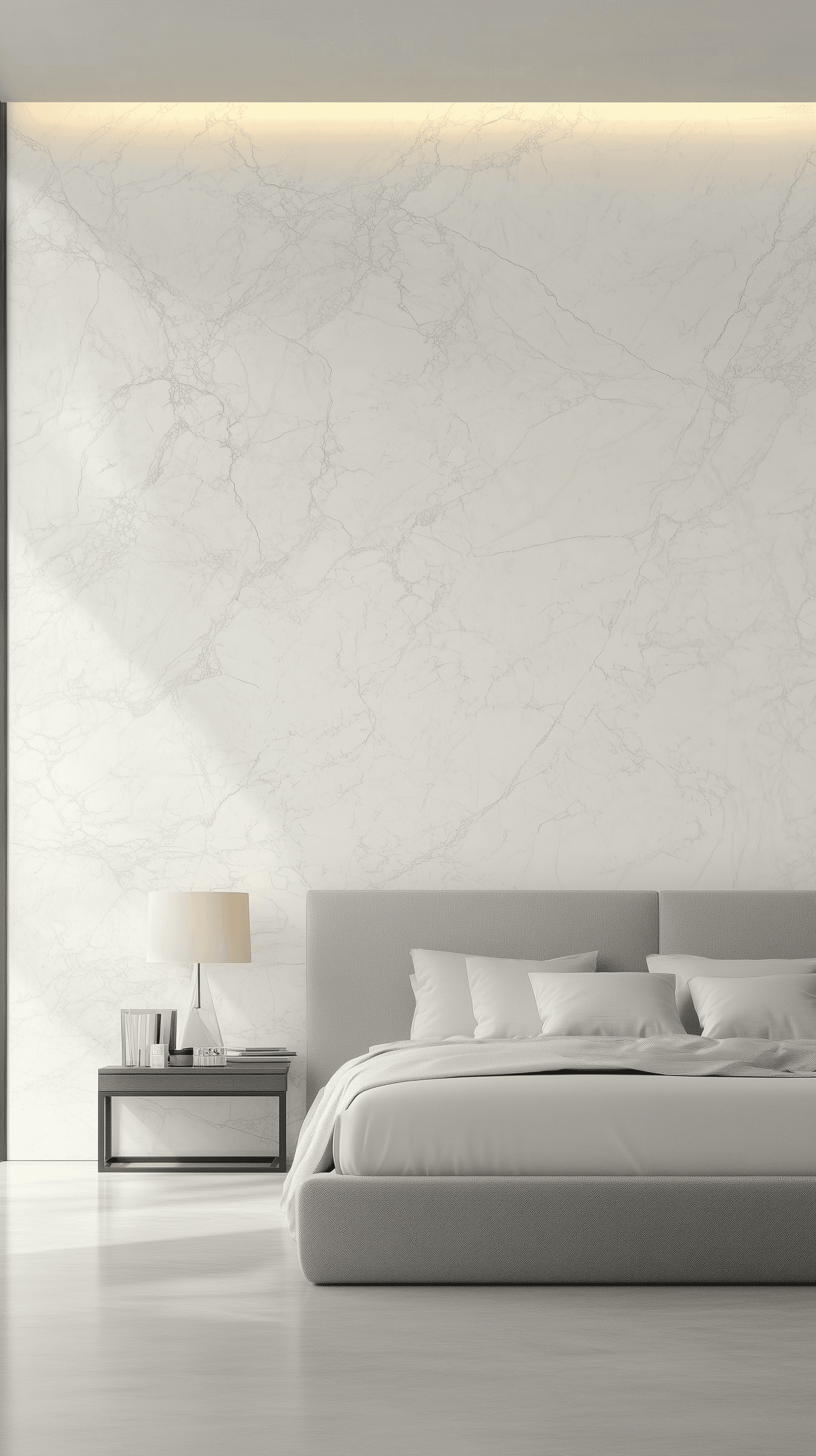 AI generated: high resolution photo, vertical composition, wide room view minimalist luxurious bedroom, large bed,...