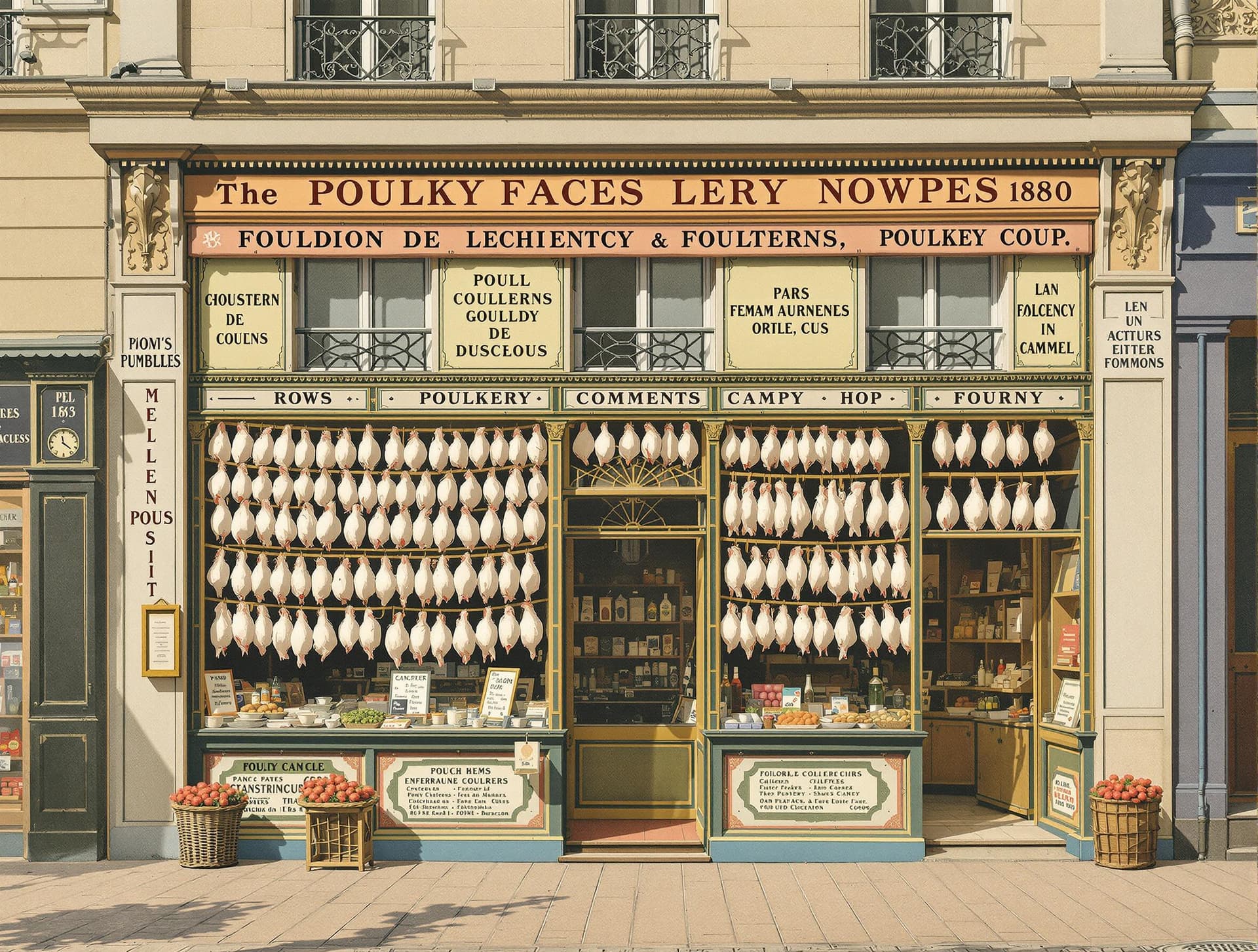 AI generated: Paris 1880, hyperrealistic illustration in vibrant colours, a facade of a poultry shop displays rows...