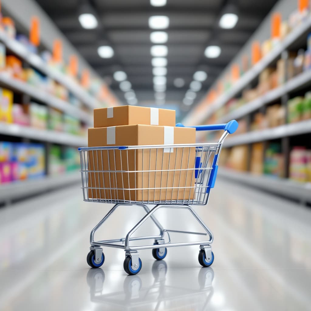 AI generated: Acting as a marketer for a shipping company, create an image of shopping cart loaded with a brown ca...