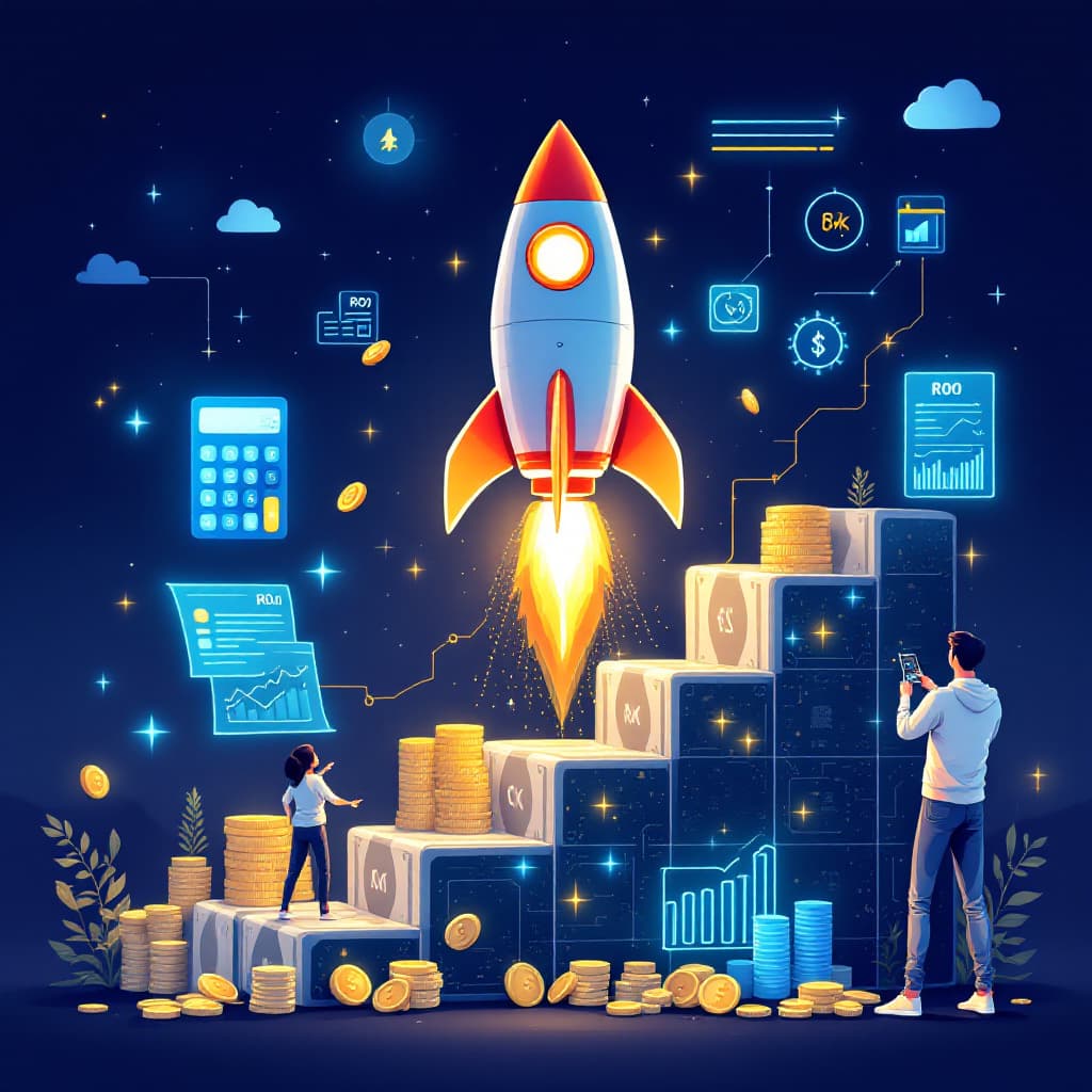AI generated: Modern tech startup illustration: A dynamic scene showing a rocket made of dollar bills and circuit ...