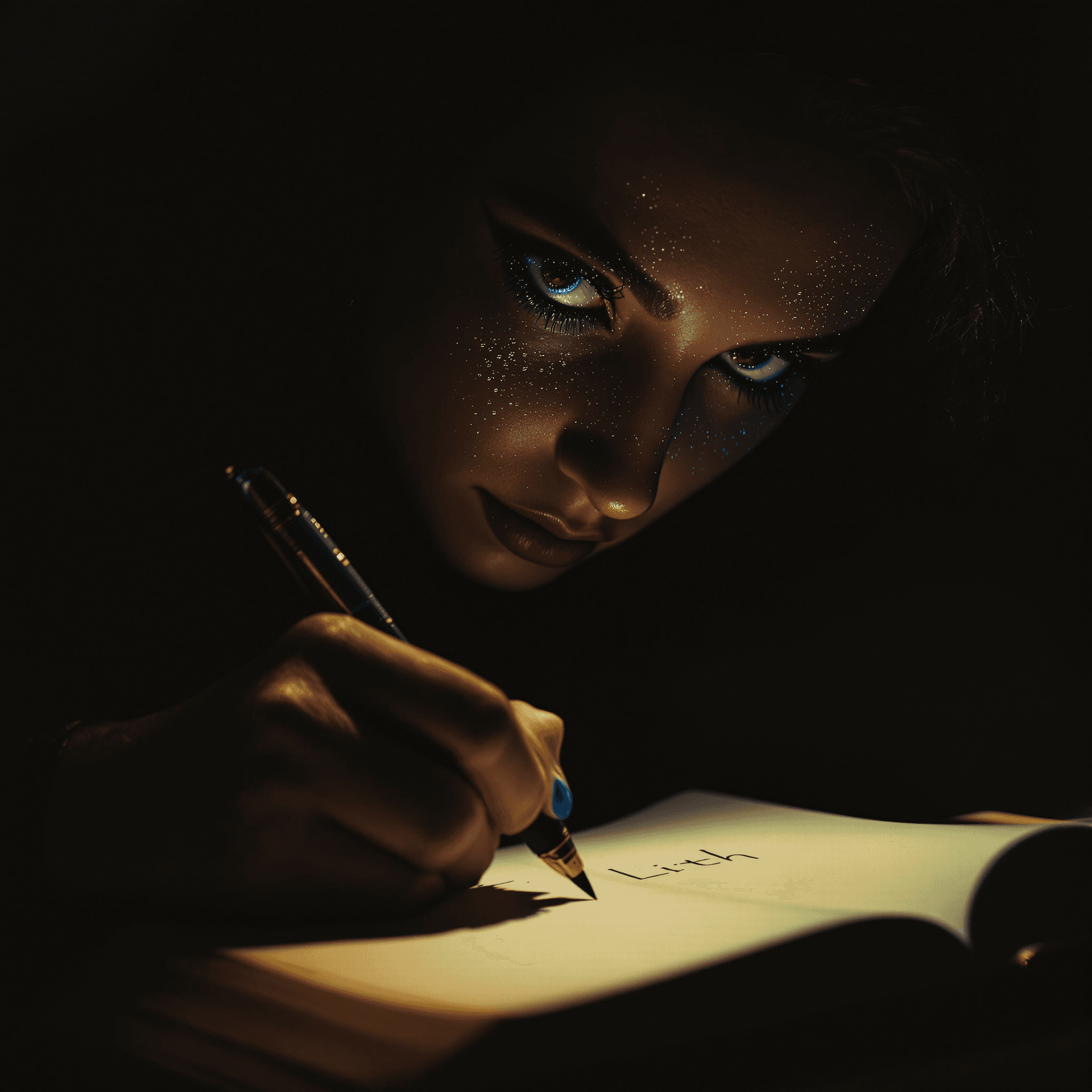 AI generated: Album cover art: 16:9 compisition,

An intimate, hyper-realistic close-up portrait of Lilith in a ...
