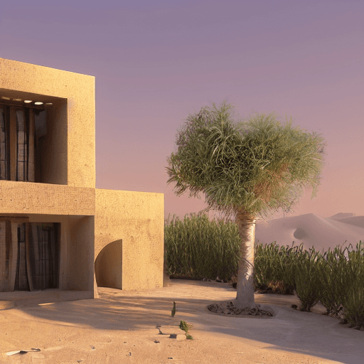 AI generated: Persian architecture style villa, sunrise, Iran desert environment, small villa, Desert, white Concr...