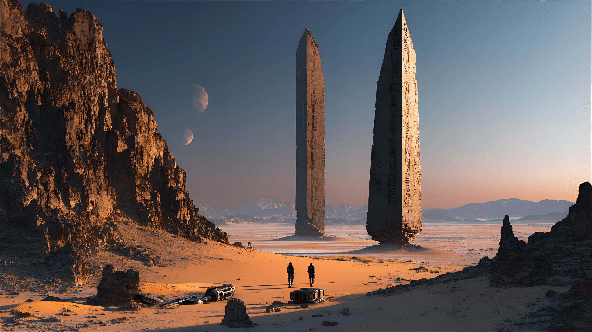 AI generated: ancient monoliths, cinematic, towering obsidian obelisks rise from shifting sands, etched with glowi...