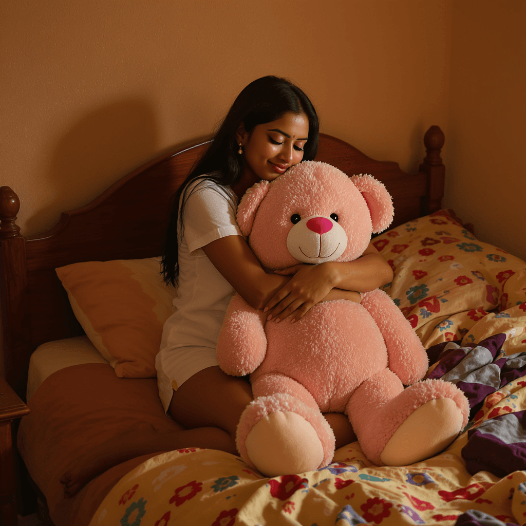 AI generated: 🖼️ 9:16 Image Prompt:  
A Sri Lankan model kneels gently on a warm-toned bed, embracing a large pi...