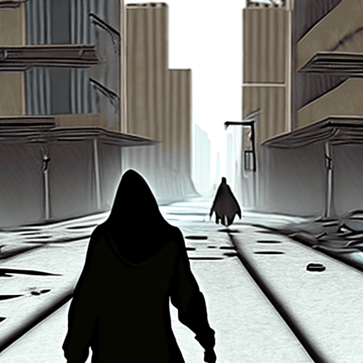 AI generated: Ruined post-apocalyptic city. Hooded person from the back.