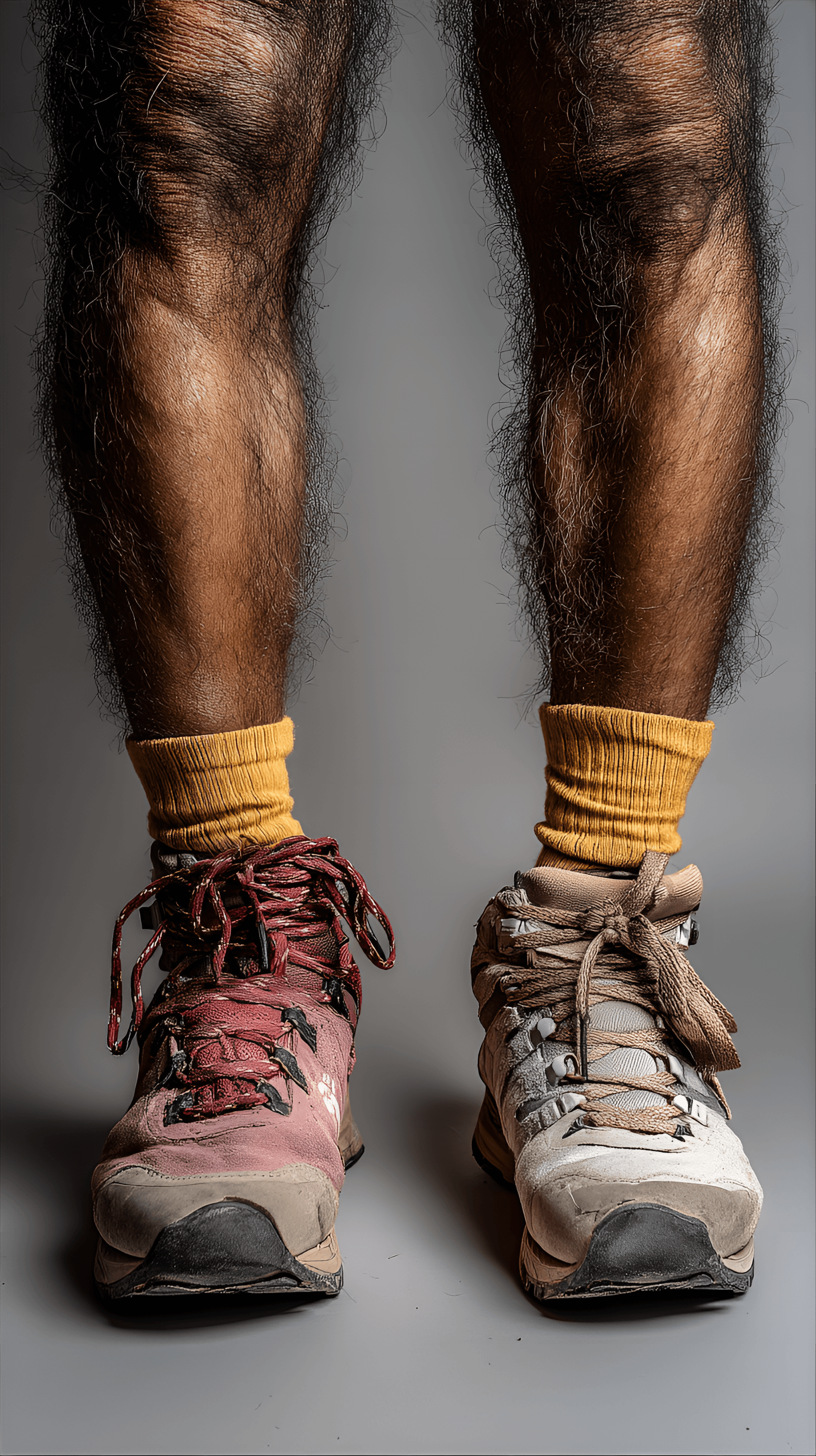 AI generated: close-up view of a person's legs, from mid-thigh down to the feet, standing or resting on a concrete...