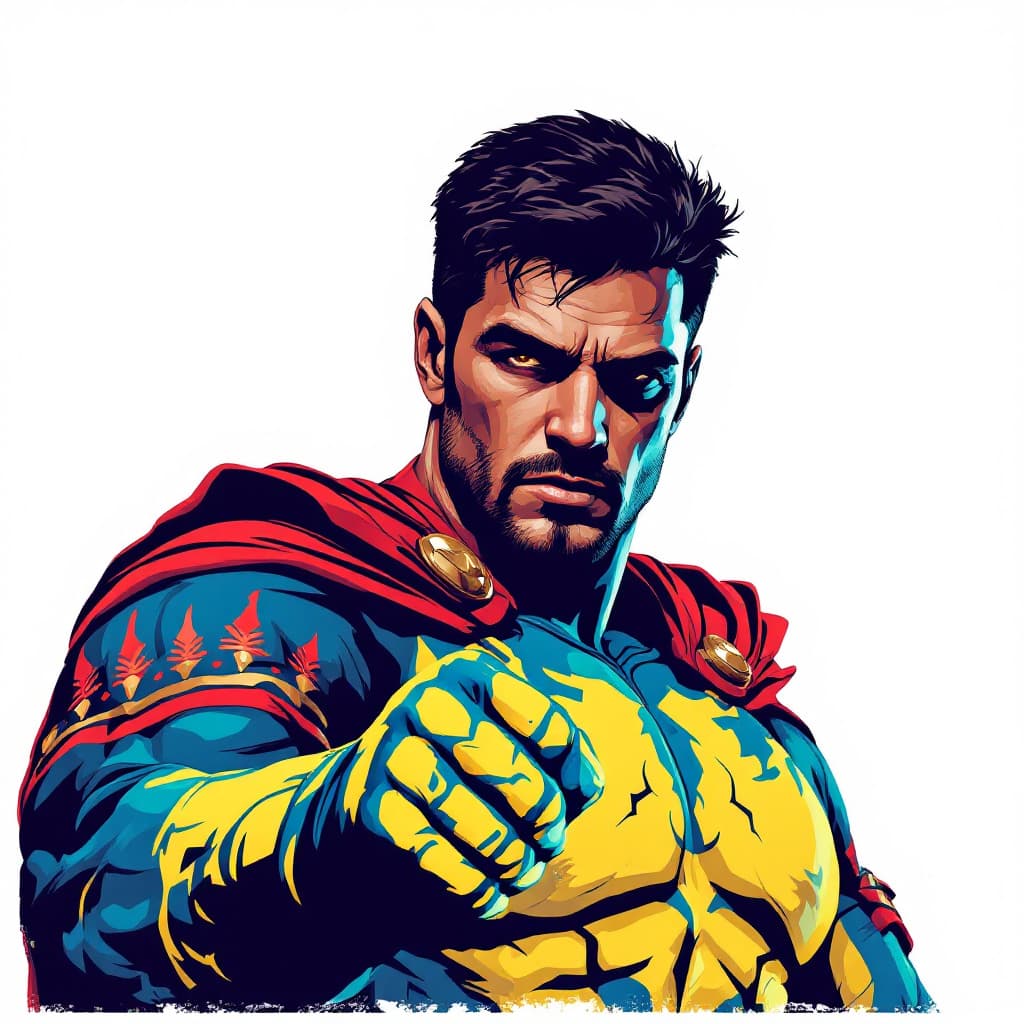 AI generated: an image of a man dressed like a superhero with his fists and arm, in the style of chicano art, dark...