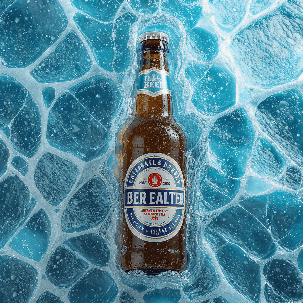 AI generated: A chilled bottle of beer is embedded in a textured icy background, creating an impression of being f...