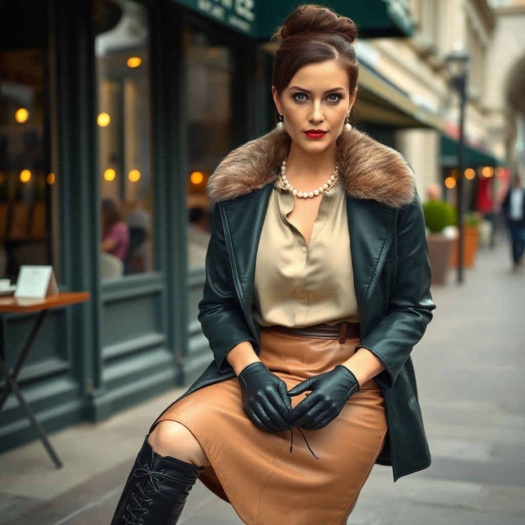 AI generated: 40 year old elegant, serious looking caucasian lady with brown hair in a bun, blue eyes. Wearing a s...