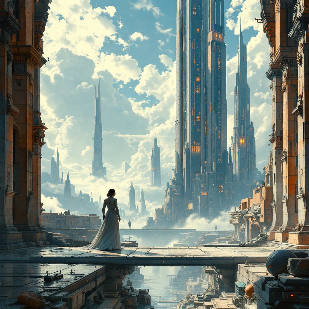AI generated: Prompt: the edge of tomorrow, asimov fantasy sci fi scene, ,  harmony  strong and powerful, Asimov  ...