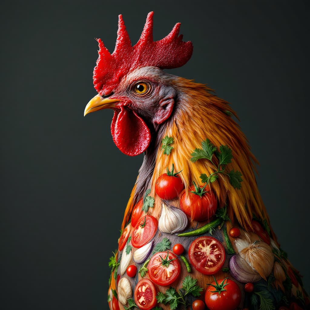 AI generated: photo close up, studio portrait, hairless, featherless big fat rooster  thin lines tattooed with tom...