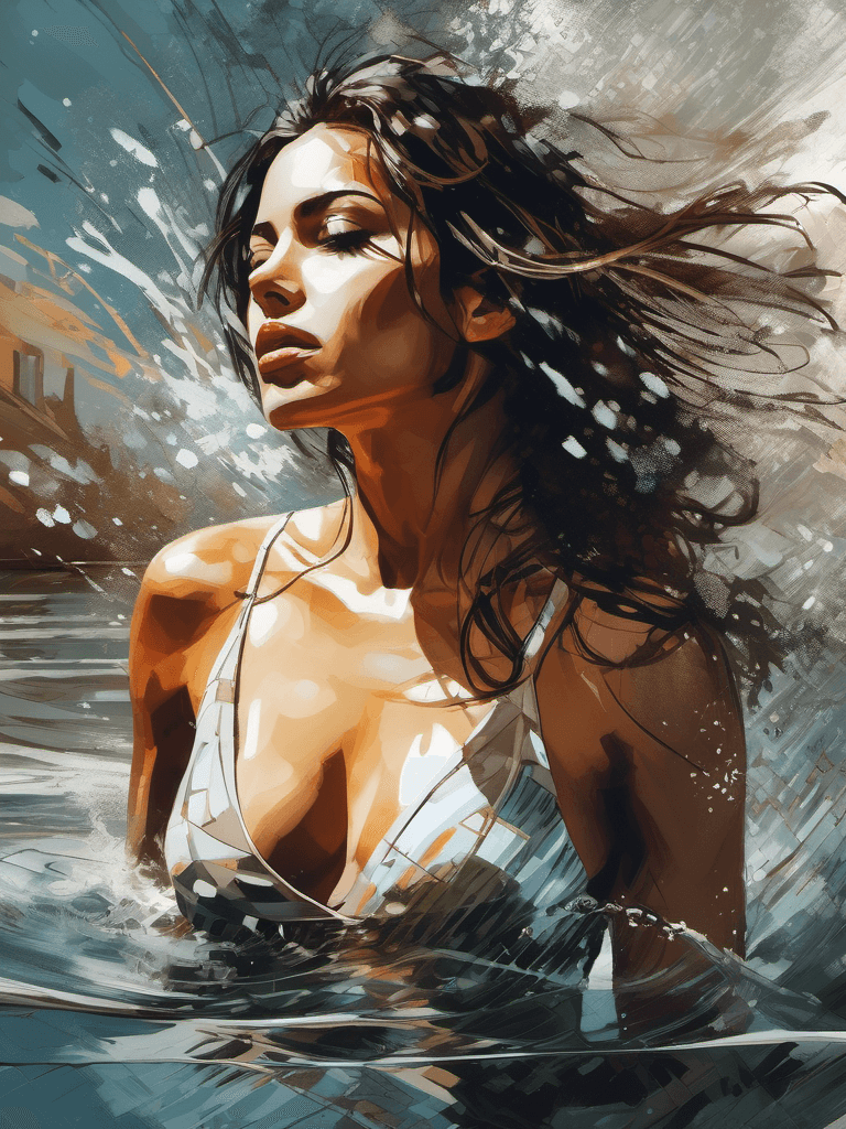 AI generated: portrait of a beautiful woman swimming, splash water, flowing hair, slender body, seductive, muted c...