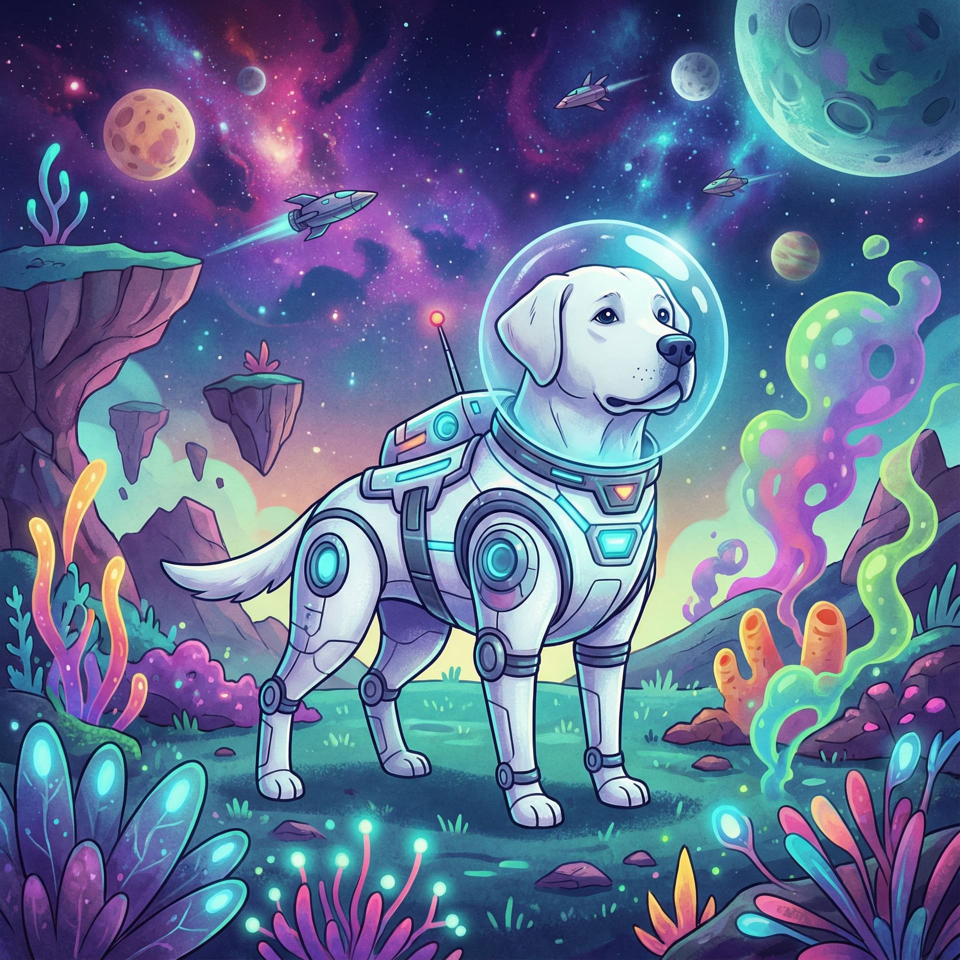 AI generated: imagen de un perro futurista, en un paisaje extraterreste de naturaleza, en el espacio. Que sea una ...