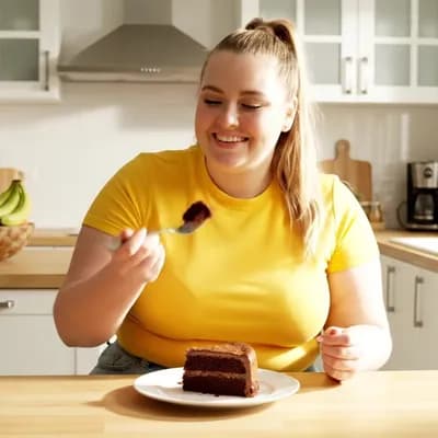 AI generated video: A fat girl, blonde, ponytail, happily eating cake, inside her kitchen