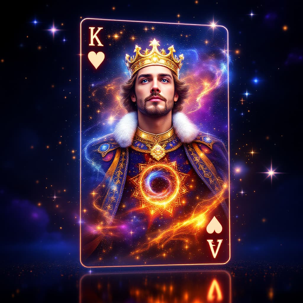 AI generated: Hearts 5 card transforms into a 3D hologram that appears to be made of cosmic energy. As the King em...